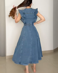 Waist Tie Ruffle Sleeve Button Front Denim Skirt