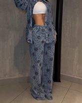 Heavy-Duty Beaded Floral Sequined Casual Straight-Leg Jeans