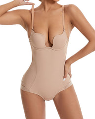 U-Shaped Bra Striped Mesh Belly Shaping Bodysuit