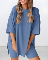 Women's Summer Casual Two-Piece Lounge Set Oversized Split Hem Shirt