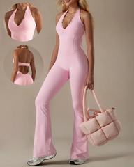 Halter Lace V-Neck Flared Jumpsuit