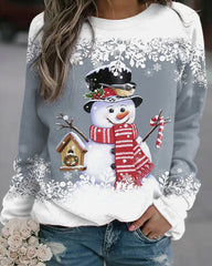 Christmas Snowman Print Round Collar Long Sleeves
