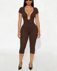 U-Neck Short Sleeve Bodycon Shaping Capri Jumpsuit