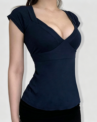 V-Neck Cross Wrap Cinched Waist Tie-Back Short Sleeve Top