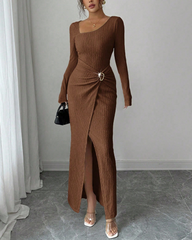 Irregular Neckline Solid Color Knit Texture Long Sleeve Maxi Dress