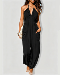 Beach Vacation Deep V Halter Sleeveless Ruched Pocket Tie-Back Wide Leg Jogger Jumpsuit
