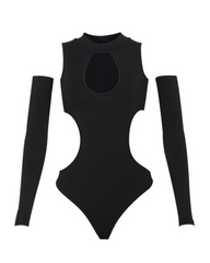 Stylish Solid-Color High-Neck Hollow Out Bodysuit
