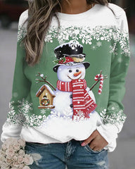 Christmas Snowman Print Round Collar Long Sleeves