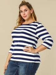 Striped 3/4 Sleeve Round Neck Casual T-Shirt