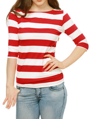 Striped 3/4 Sleeve Casual Basic Boat Neck T-shirt