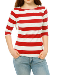 Striped 3/4 Sleeve Casual Basic Boat Neck T-shirt