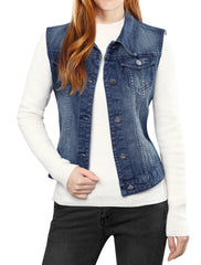 Buttoned Chest Flap Pocket Washed Denim Jacket Vest