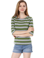3/4 Sleeve Round Neck Casual Striped T-Shirt