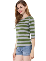 3/4 Sleeve Round Neck Casual Striped T-Shirt