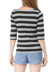 Striped 3/4 Sleeve Round Neck Casual T-Shirt