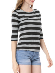 Striped 3/4 Sleeve Round Neck Casual T-Shirt