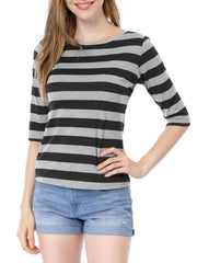 Striped 3/4 Sleeve Round Neck Casual T-Shirt