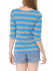 Striped 3/4 Sleeve Round Neck Casual T-Shirt