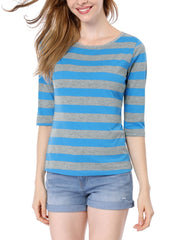 Striped 3/4 Sleeve Round Neck Casual T-Shirt