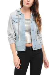 Casual Layered Drawstring Pockets Hood Denim Jacket