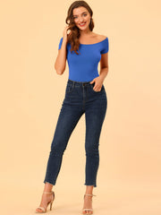 Off Shoulder Short Sleeve Solid Basic Sexy Slim Fit Blouse
