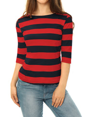 Striped 3/4 Sleeve Casual Basic Boat Neck T-shirt