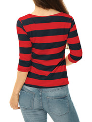 Striped 3/4 Sleeve Casual Basic Boat Neck T-shirt