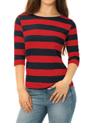 Striped 3/4 Sleeve Casual Basic Boat Neck T-shirt