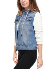 Casual Layered Drawstring Pockets Hood Denim Jacket