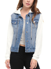 Casual Layered Drawstring Pockets Hood Denim Jacket