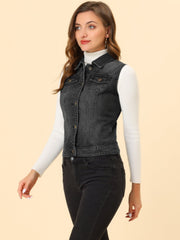 Buttoned Chest Flap Pocket Washed Denim Jacket Vest