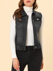 Buttoned Chest Flap Pocket Washed Denim Jacket Vest