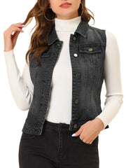 Buttoned Chest Flap Pocket Washed Denim Jacket Vest