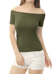 Off Shoulder Short Sleeve Solid Basic Sexy Slim Fit Blouse