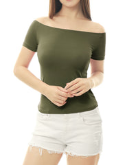 Off Shoulder Short Sleeve Solid Basic Sexy Slim Fit Blouse