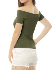 Off Shoulder Short Sleeve Solid Basic Sexy Slim Fit Blouse