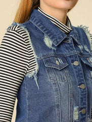 Lapel Button Closure Sleeveless Washed Distressed Denim Vest