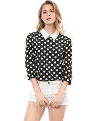 Polka Dots Contrast Peter Pan Collar Top 3/4 Sleeve Blouse Shirt