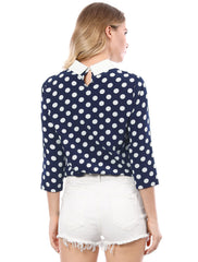 Polka Dots Contrast Peter Pan Collar Top 3/4 Sleeve Blouse Shirt