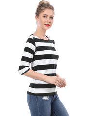 Striped 3/4 Sleeve Casual Basic Boat Neck T-shirt