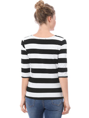 Striped 3/4 Sleeve Casual Basic Boat Neck T-shirt