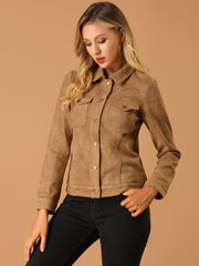 Faux Suede Turn-Down Collar Flap Pocket Snap Button Jacket