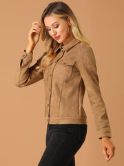 Faux Suede Turn-Down Collar Flap Pocket Snap Button Jacket