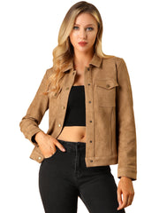 Faux Suede Turn-Down Collar Flap Pocket Snap Button Jacket