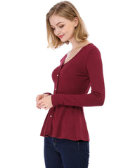 V Neck Long Sleeve Ribbed Pullover Knitted Peplum Top