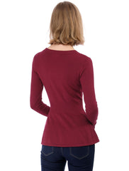 V Neck Long Sleeve Ribbed Pullover Knitted Peplum Top