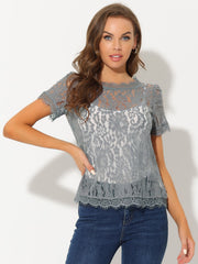 Lace Floral Scalloped Trim Short Sleeve Semi Sheer Blouse