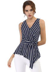 Sleeveless V Neck Tie Waist Asymmetric Hem Wrap Peplum Top
