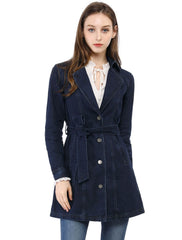Notched Lapel Belted Trench Long Jean Denim Jacket