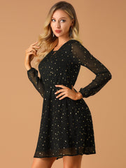 Choker V Neck Flared Gilding Metallic Shiny Star A-Line Dress